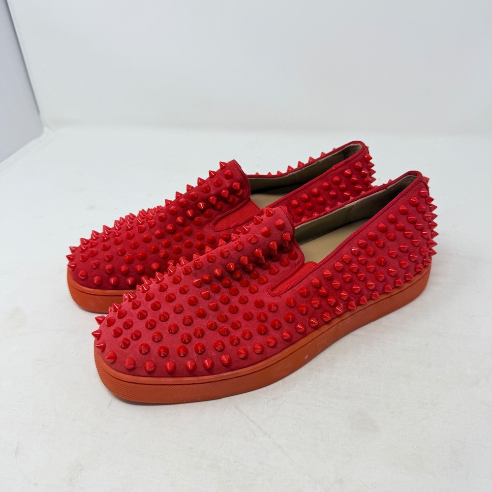 Christian Louboutin Roller Boat Spiked Red Slip On Sneakers Size 10.5 Luxury